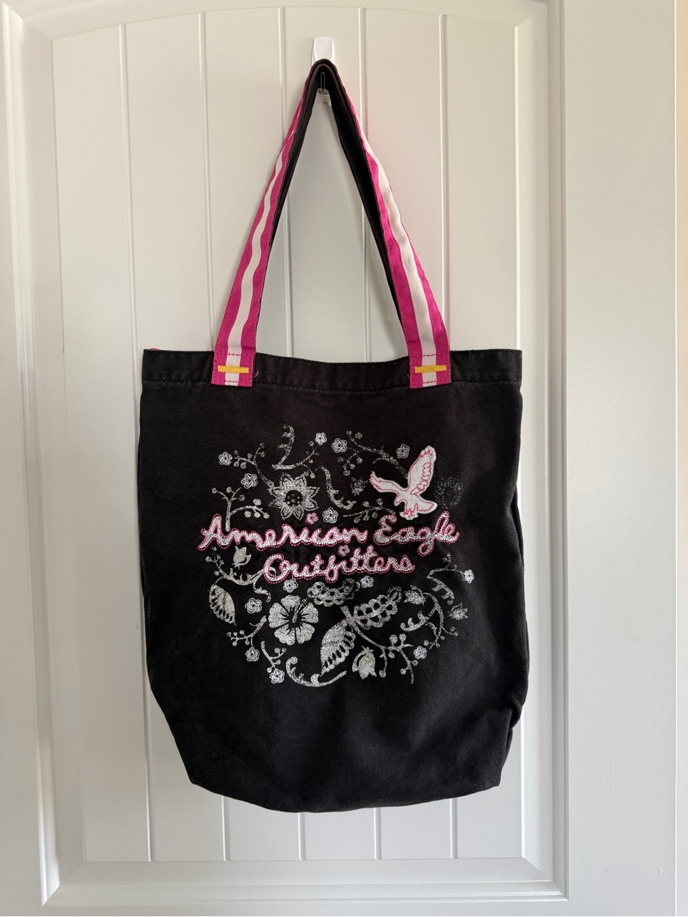 Vintage Y2K American Eagle Outfitters Black Tote Bag Pink Straps Embroidered